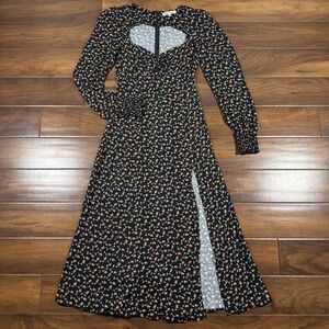 Reformation Women's Size 4 Black Orange Floral Hunt Midi Dress Long Sleeve